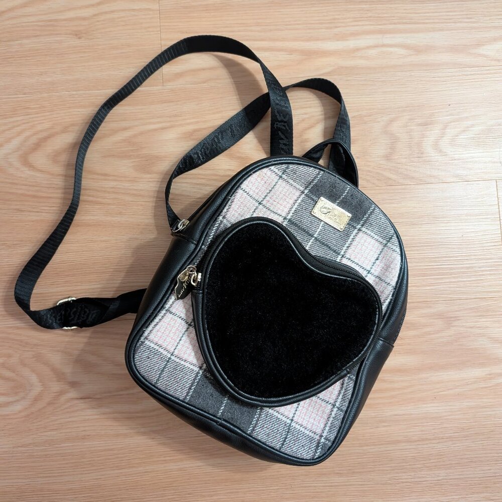 Betsey Johnson Mini Backpack Pink Plaid Black Heart